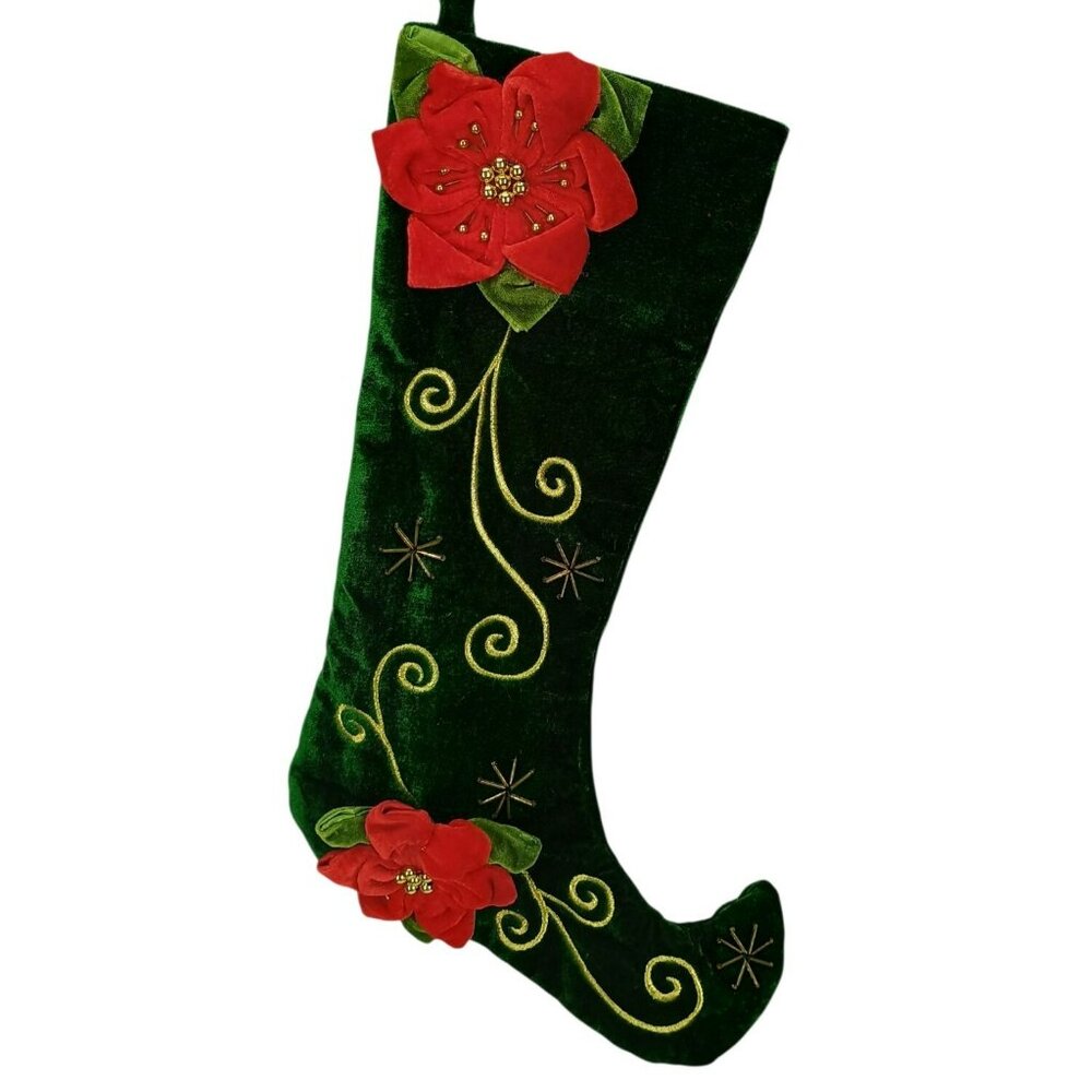 Christmas Green Velvet Stocking With Red Poinsettias Gold Embroidery Swirl & Sta